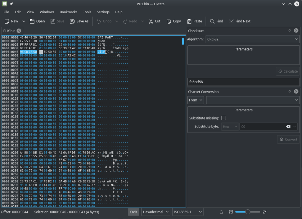 Okteta showing how to edit the bytes